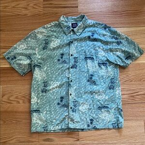 Vintage Men’s Hawaiian Tropical Linen Shirt Teal and Navy Sz Large
